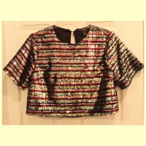 Women's Multi-Color Sequin Short Sleeve Crop Top   Size L